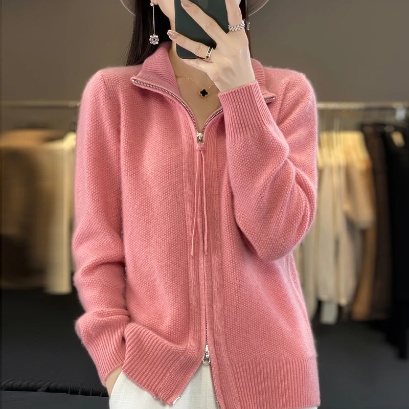 Suéter de punto de lana merina 100% para mujer, cárdigan con cuello vuelto, Tops gruesos, chaqueta suave de Cachemira con doble cremallera, Otoño e Invierno