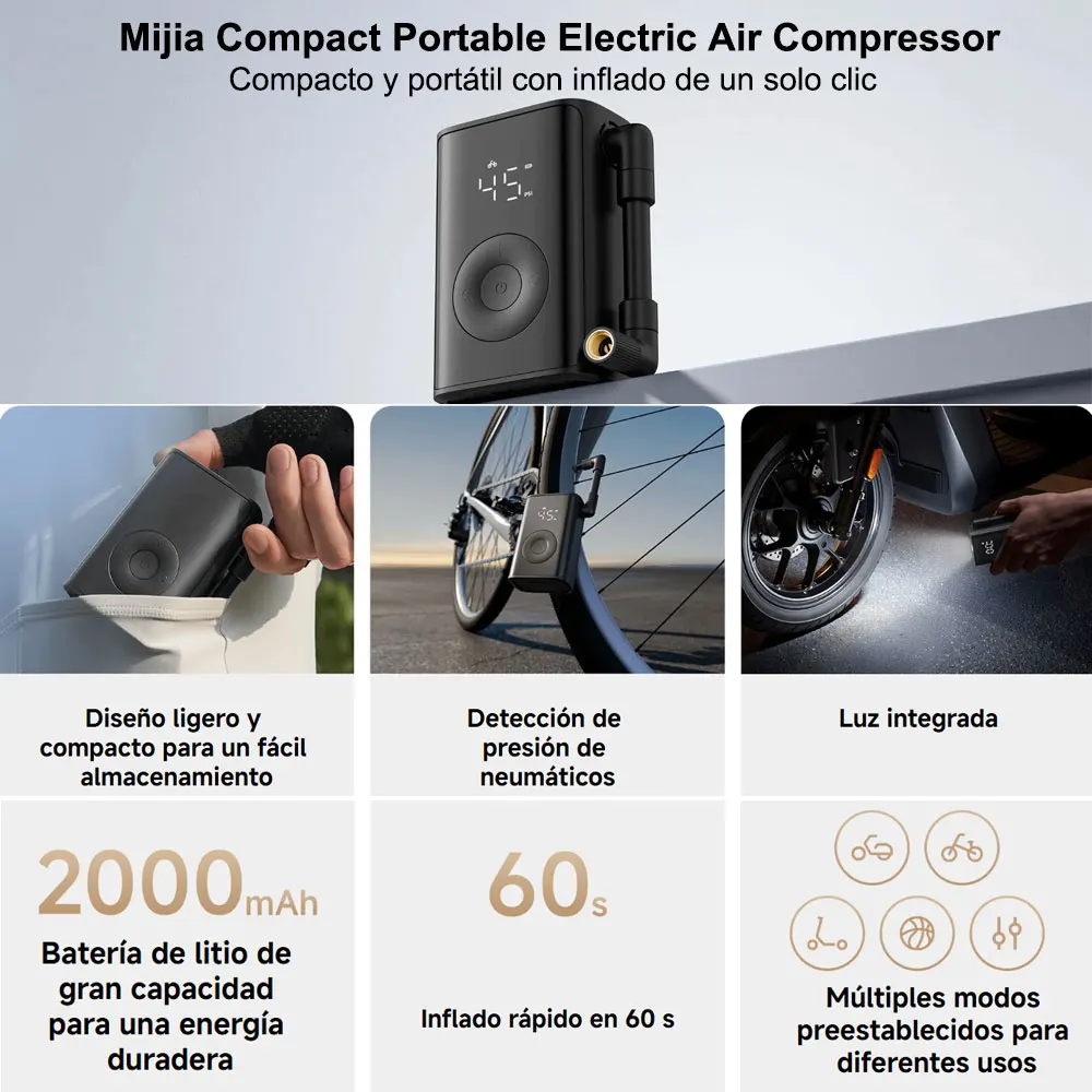 Nuevo Xiaomi Mijia Compact Portable Electric Air Compressor, Inflador Inteligente con Detección Digital de Presión de Neumáticos, Bomba de Aire Eléctrica Portátil Multiherramienta