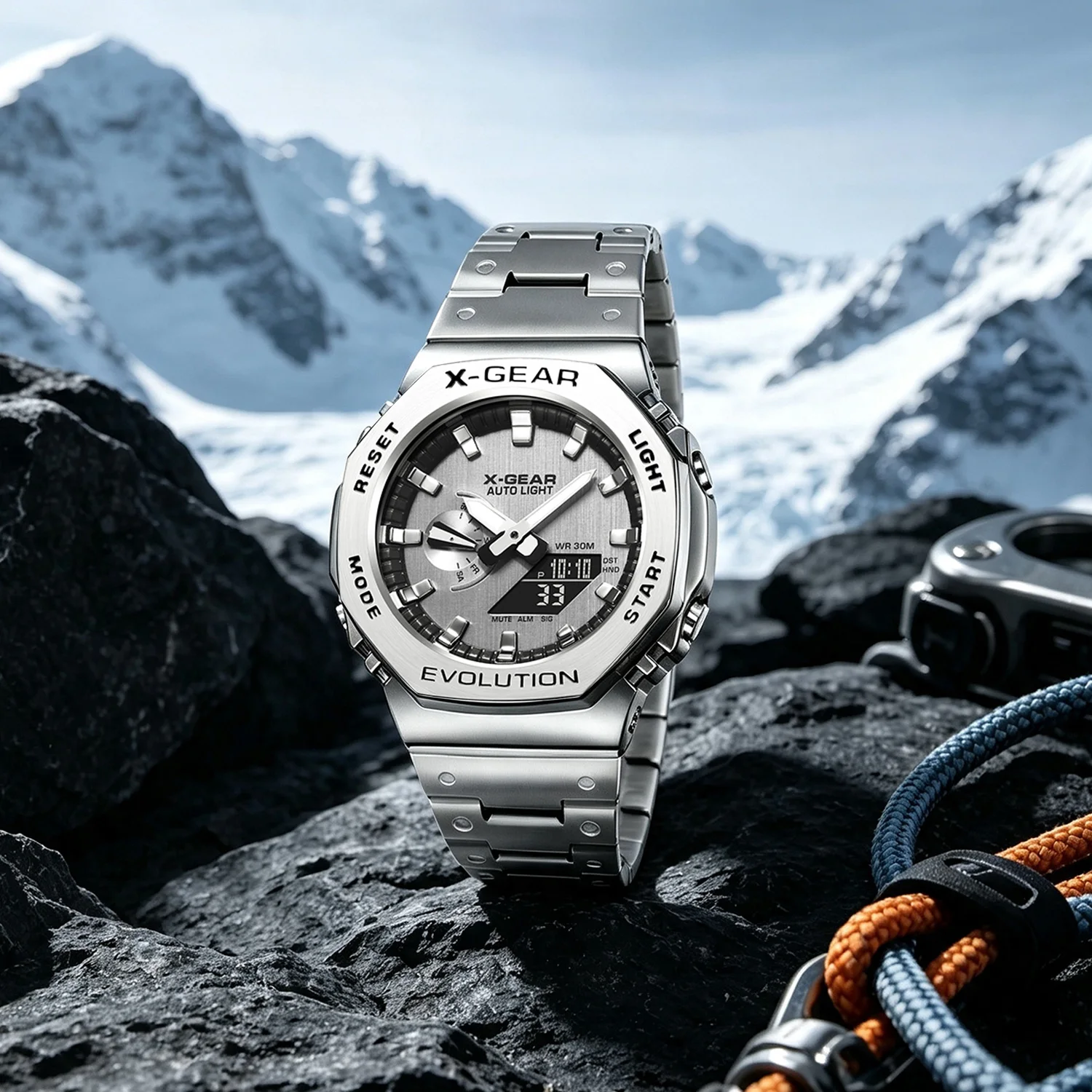 X-GEAR Reloj electrónico deportivo digital unisex Pantalla dual Función completa LED Aleación Gran tiempo Correa de acero