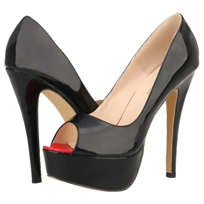 LOSLANDIFEN, zapatos de tacón sexis con plataforma peep toe de 14cm, tacones súper altos, zapatos de charol, tacones de aguja rojos para boda, talla grande 44