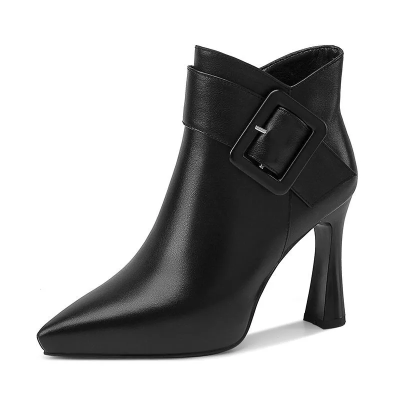 Botas de Tacón Alto para Mujer 2024, Negras, de Punta Afilada, Antideslizantes, de Cuero, con Hebilla, Zapatos Sexys de Tacón Bajo, Casuales y a la Moda