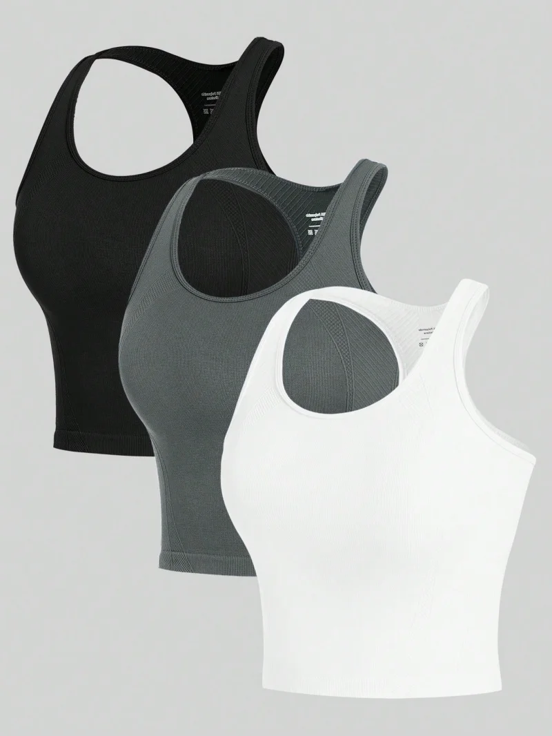 Chaleco de Yoga de 3 piezas para mujer, Tops cortos deportivos con espalda cruzada, ropa de calle sin costuras, camiseta sin mangas transpirable de entrenamiento de punto acanalado para mujer