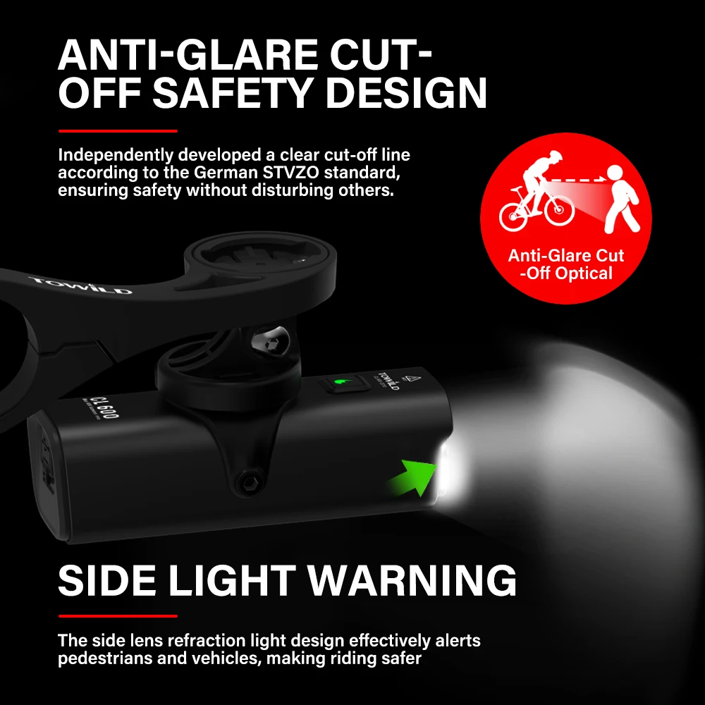 Luz Delantera para Bicicleta TOWILD CL600, 600 Lúmenes, LED Recargable por USB, 2600mAh, Resistente al Agua IPX6, Faros Delanteros para Bicicleta de Montaña