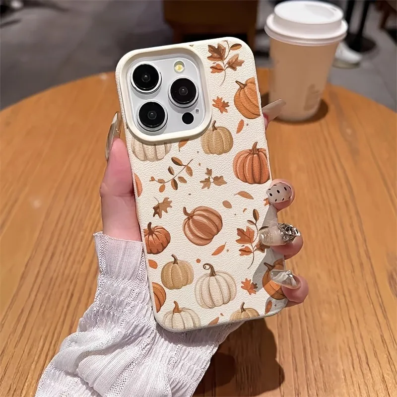 Funda Protectora Anticaída con Diseño de Hojas de Otoño y Calabaza para iPhone 18 Pro Max 17 Pro 16 Plus 15 14 13 12 11 17 17E XS X XR