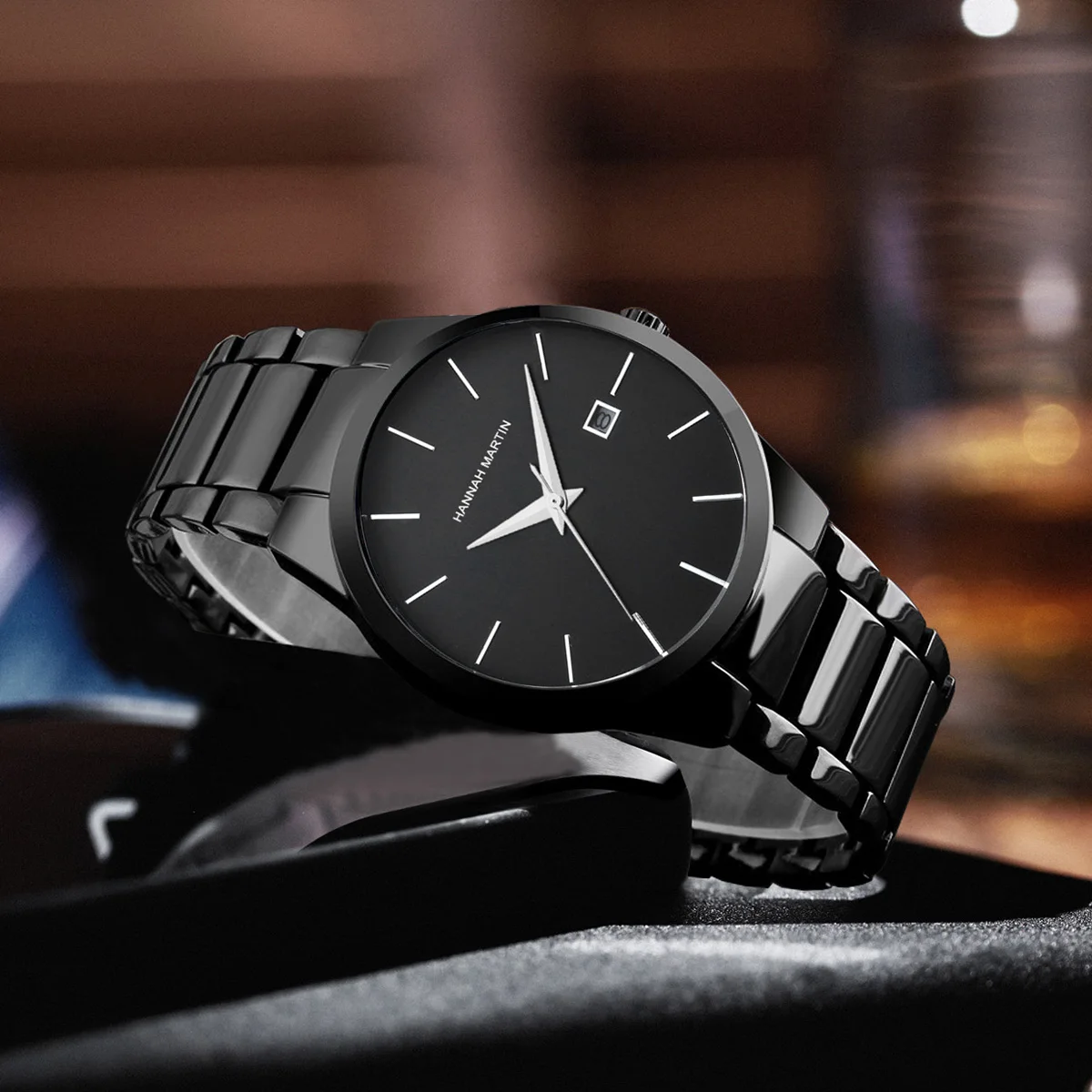 Hannah Martin Reloj de acero inoxidable para hombre Estilo de negocios de moda Estilo minimalista negro Relojes con movimiento de cuarzo resistente al agua 3Bar