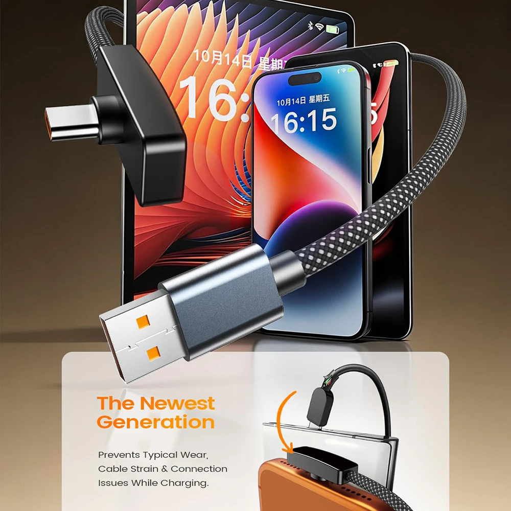 Cable USB tipo C de 90 grados y 10A, 100W, Cable de transferencia de datos de carga rápida, Cable USB-C portátil de ángulo recto, duradero para juegos de teléfonos