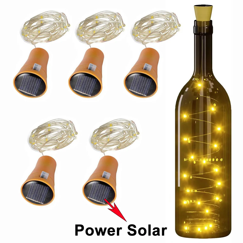 Guirnalda de luces solares para botellas de vino, 20LED, alambre de cobre Solar, luces de hadas con forma de corcho, lámpara navideña para decoración de jardín, fiesta de boda