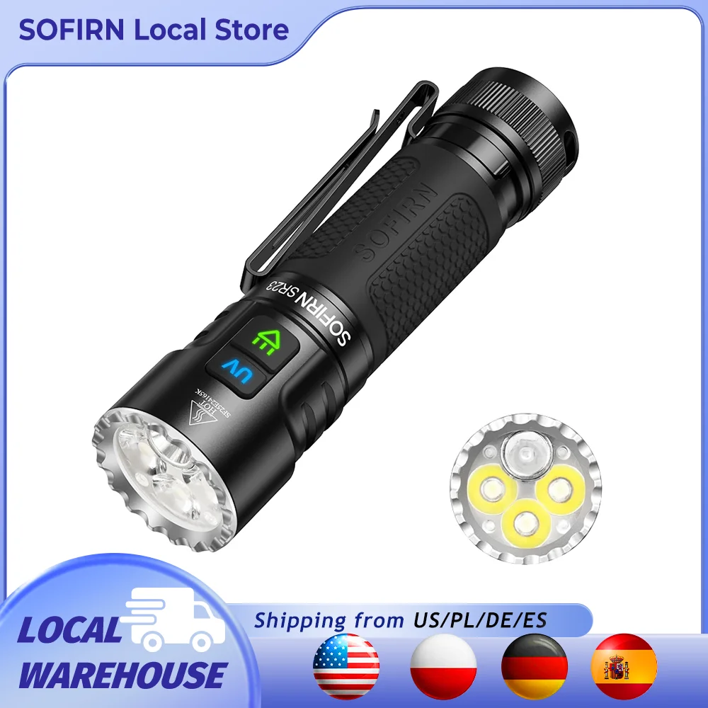 SOFIRN SR23 3300LM 6500K linterna UV 365nm EDC luz 21700 USB C recargable interruptor doble antorcha con tapa trasera magnética