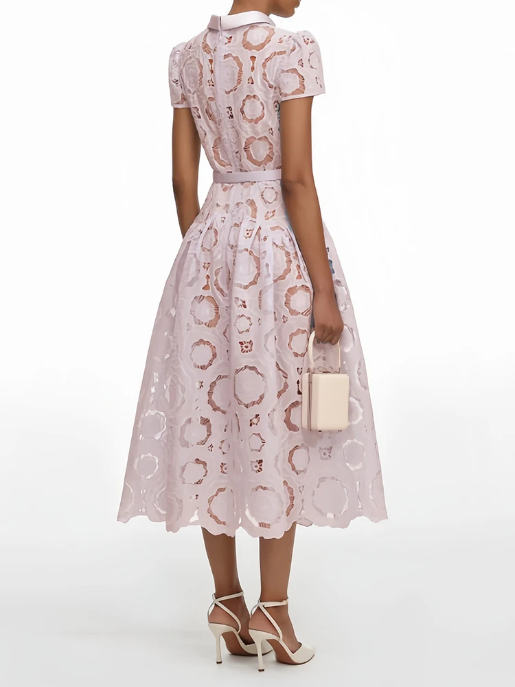Vestido midi sexy con cuello redondo, bordado floral, diseño hueco, con cinturón, para mujer, color rosa, mangas cortas, vestido de línea A con flores, vestido de noche para fiesta.
