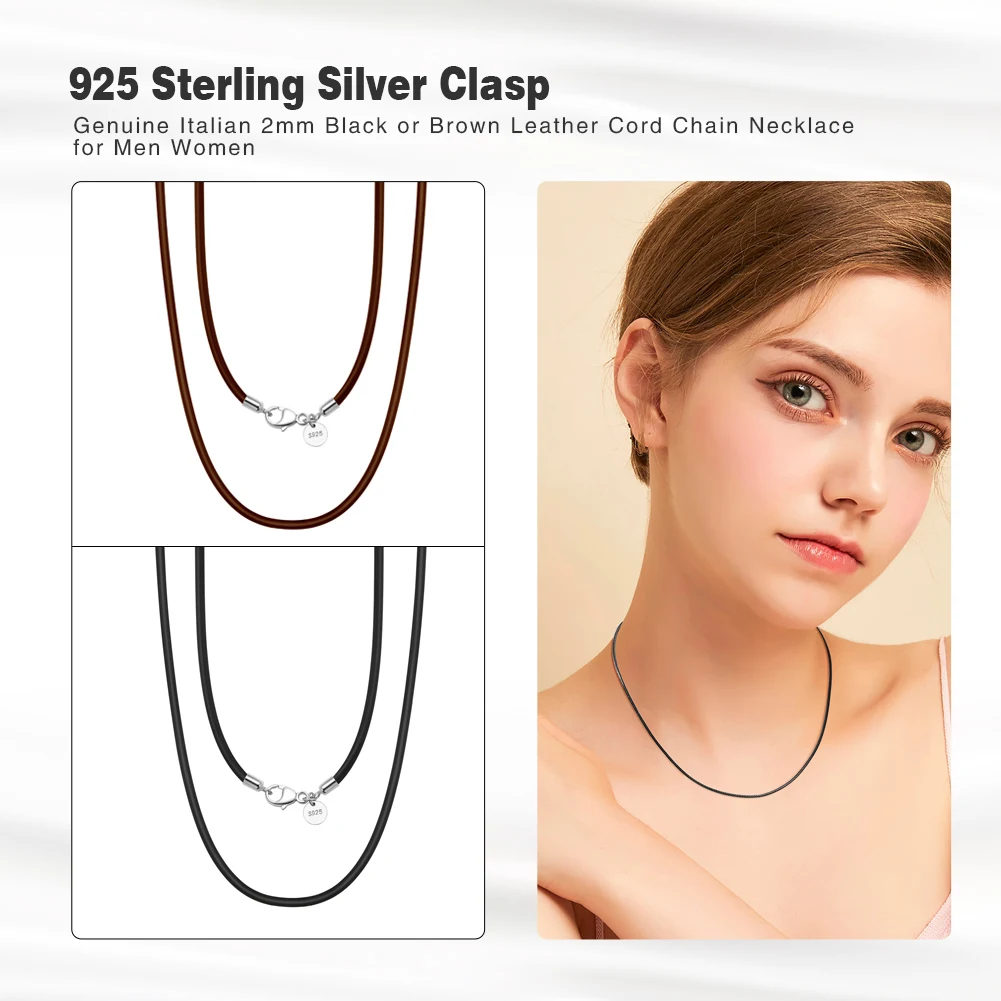 Rinntin-collar de cadena de cordón de cuero marrón italiano auténtico de 2mm para mujeres y hombres con cierre de plata de ley 925, joyería de moda SC62