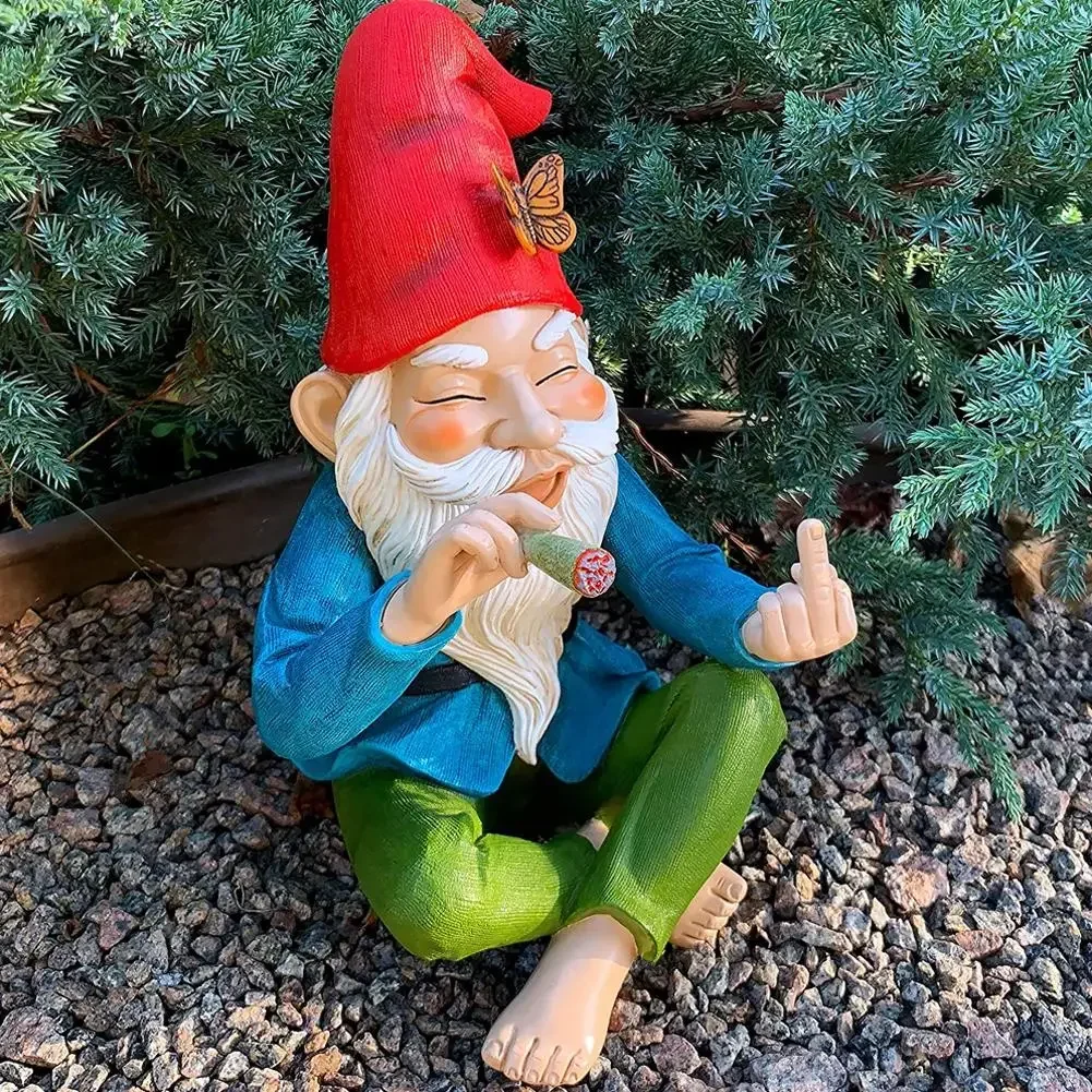 Adornos de Gnomo de jardín, estatua de resina, estatuilla para fumar, escritorio de dedo medio, estantería, arte, decoración del jardín del hogar