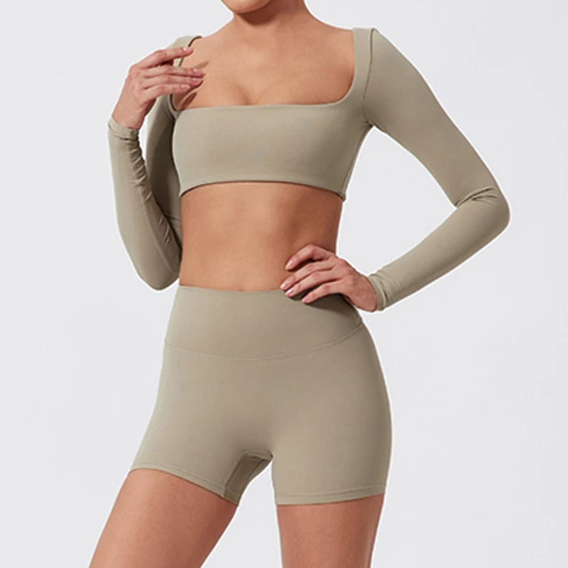 Conjunto deportivo de manga larga para mujer, ropa deportiva para correr al aire libre, ropa de yoga, top corto, conjunto deportivo para mujer