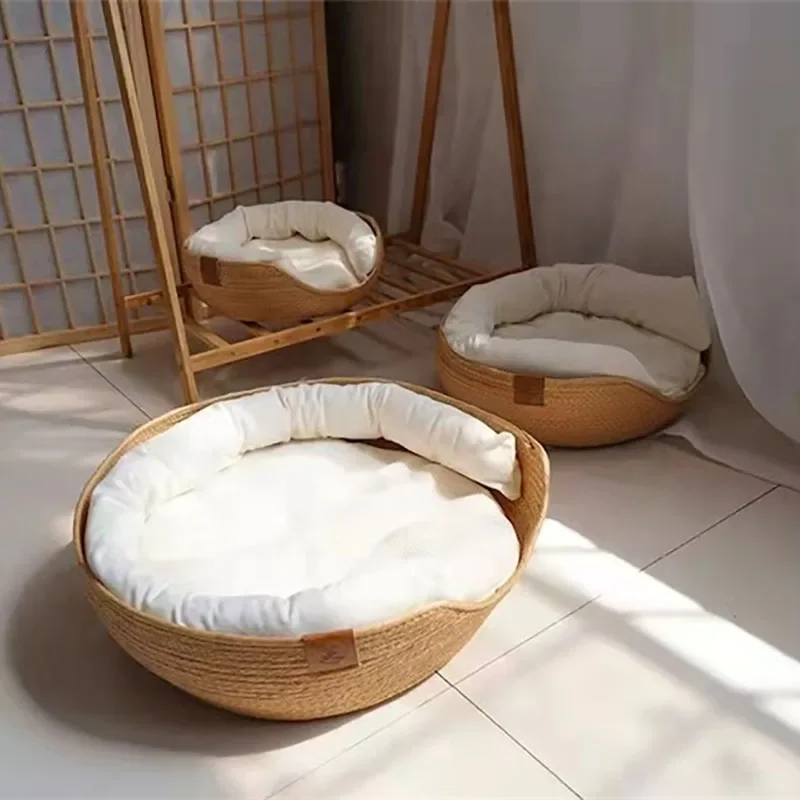 Cesta de ratán para mascotas, colchón de hierba tejida, nido de gato, perrera, tabla de rascar de paja, cama de gato para cachorro y gatito, Universal para todas las estaciones