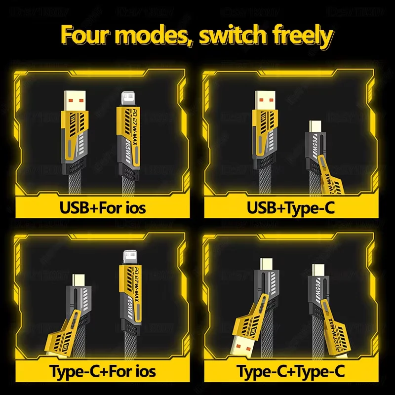 Cable USB de resorte de carga rápida de 65W, Cable de datos de resorte 4 en 1, Cable telescópico de resorte USB tipo C 6A para iPhone, iPad, MacBook, Huawei