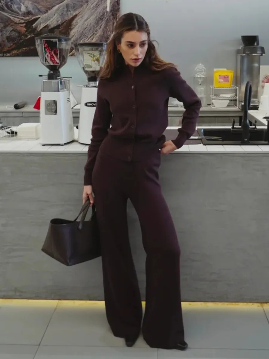 Bornladies, nuevo conjunto de pantalones cárdigan de punto para otoño e invierno para mujer, pantalones largos ajustados de manga larga, traje de suéter Simple de Color sólido