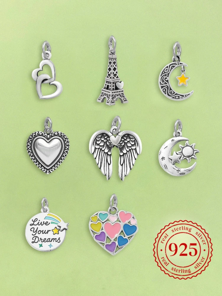 Colgantes Ajustables de Plata de Ley 925, Dijes Vintage de Corazón y Torre, Cuentas para Pulseras Originales, Brazaletes, Collares, Joyería DIY