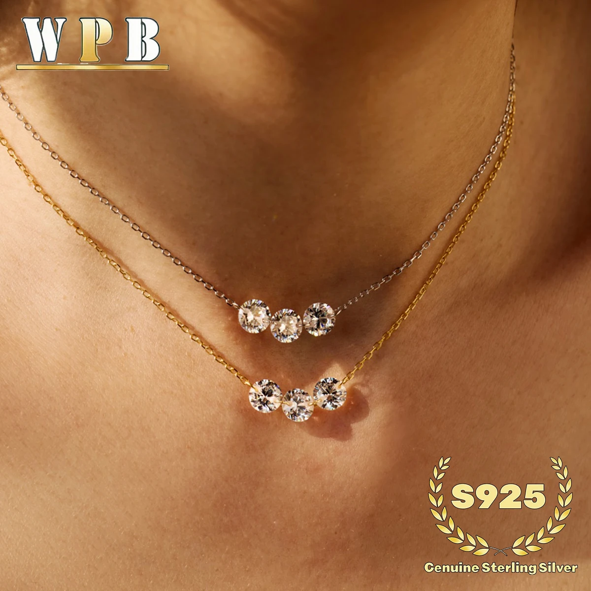 Collar de Plata S925 Genuina con 3 Circonitas Brillantes, Ajustable, Joyería Minimalista de Lujo para Hombre y Mujer