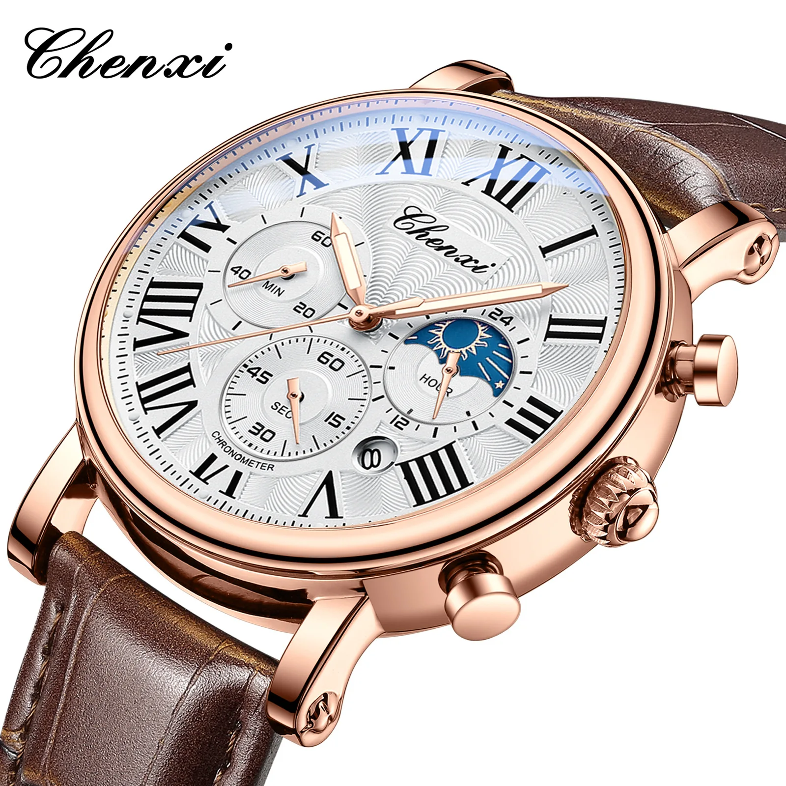 CHENXI 973 Reloj de cuarzo para hombre, moda de negocios, fase lunar, fecha, cronógrafo multifuncional, reloj de pulsera con correa de cuero