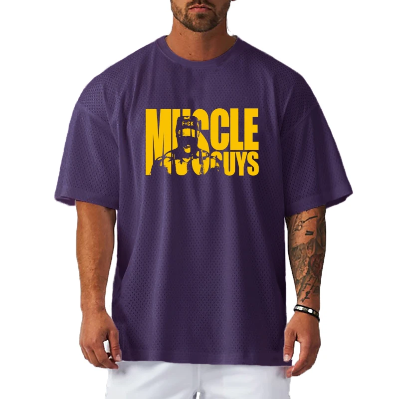 Camiseta de manga corta de malla de poliéster para hombre, ropa informal para gimnasio, Fitness, culturismo muscular, camisas holgadas de gran tamaño de secado rápido para verano