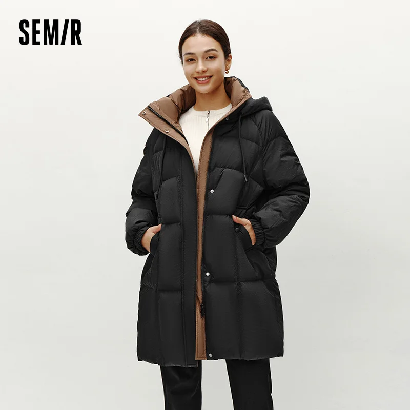 Chaqueta de Plumón Semir para Mujer, Larga, con Capucha, Negra, Invierno 2026, Nueva, Holgada, Abrigo de Moda
