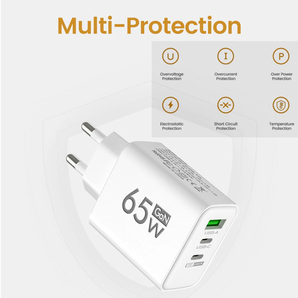 GaN 65W USB C cargador de pared teléfono móvil PD tipo C cargador rápido adaptador de corriente para Samsung Xiaomi iPhone cargador de carga rápida