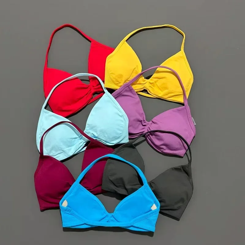 HISTELLO-Sujetador de tiras para gimnasio para mujer, Top de alto soporte con tirantes finos, sujetadores deportivos sin costuras con cuello Halter, camisetas sin mangas para entrenamiento de realce y Yoga