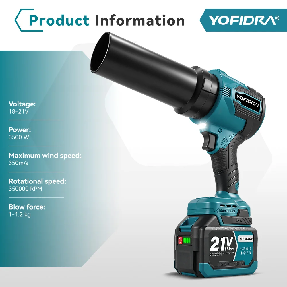 YOFIDRA 2 en 1, 350M/S, Ventilador Turbo Eléctrico sin Escobillas, Sopladores de Aire Inalámbricos, Ventilador de Chorro, Herramientas Eléctricas de Succión y Soplado de Hojas y Nieve para Batería Makita 21V