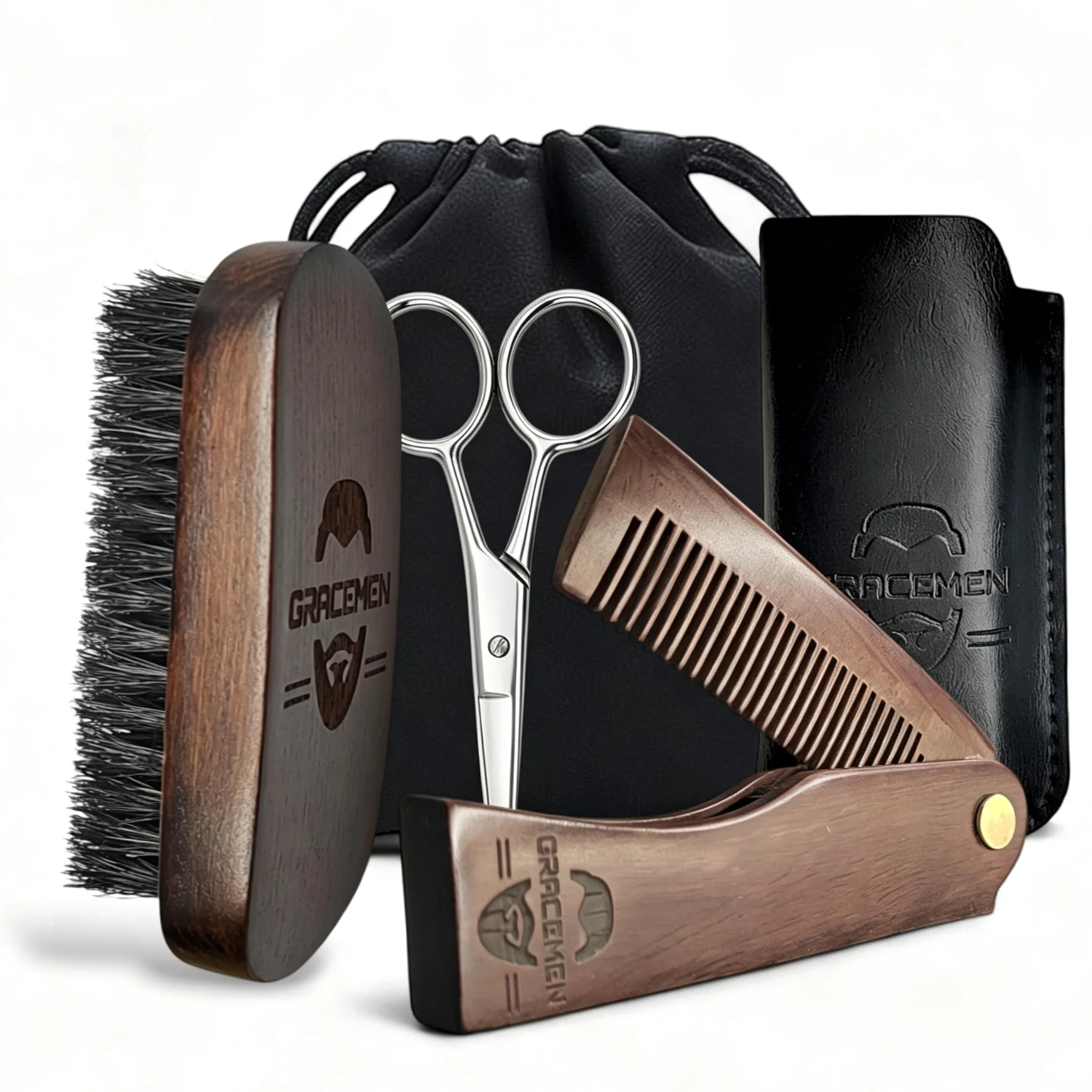 Kit de barba Gracemen: cepillo de barba retro, peine plegable premium y tijeras de acero inoxidable, juego de aseo para hombres con bolsa y estuche de PU
