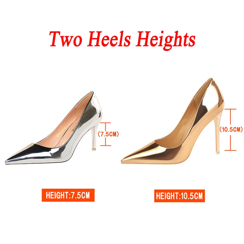Zapatos de tacón de charol para mujer, tacones altos de 7,5 cm y 10,5 cm, tacones bajos de aguja para mujer, zapatos brillantes plateados y dorados para boda y novia