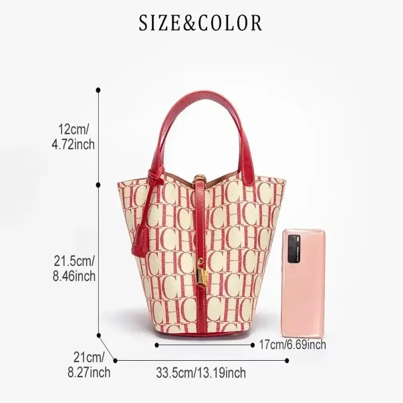 Bolso Tote CH para Mujer, Bolso de Mano de Cuero con Monograma de Lujo, Bolso de Moda con Asa Superior, Bolso Tipo Cubo Elegante con Cierre para el Uso Diario