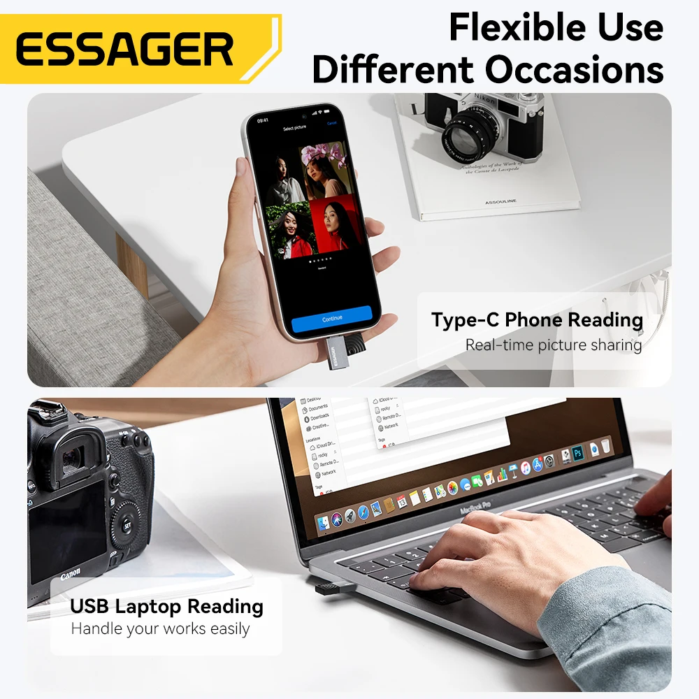 Lector de tarjetas Essager 2 en 1 tipo C y USB2.0 a dispositivo de tarjeta de memoria Micro SD/TF lector de tarjetas de alta velocidad para accesorios de teléfono y portátil