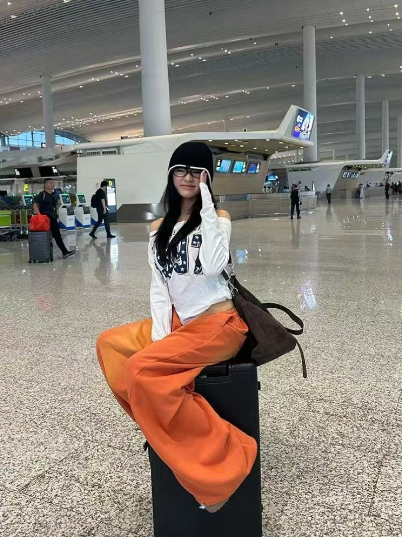 NUOMICI, pantalones vaqueros para mujer, naranja, cintura media baja, lavados, Retro, pierna ancha, sueltos, deportivos, Kpop, Hip-hop, pantalones de calle, pantalones de moda para mujer