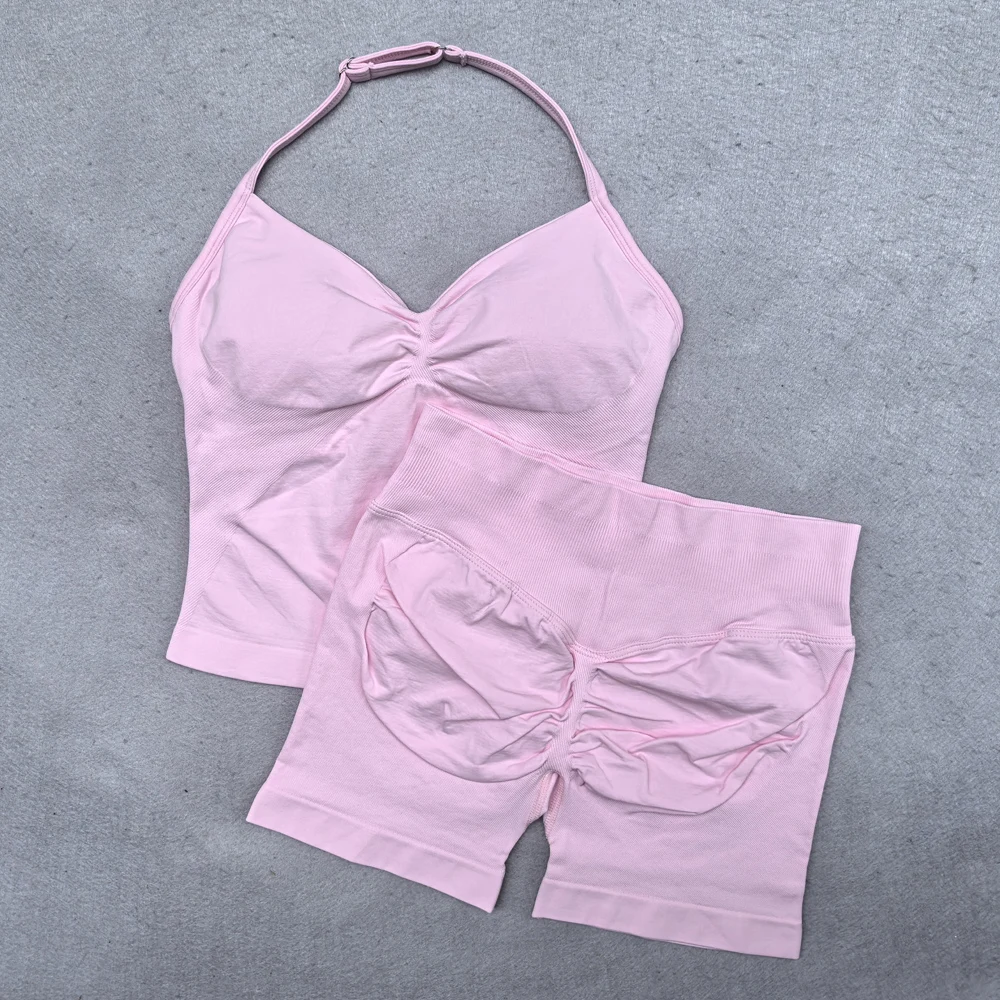 Conjunto de Yoga de 2 piezas para mujer, camiseta sin mangas con tiras ajustables sin costuras, pantalones cortos deportivos, ropa de gimnasio, trajes de entrenamiento de verano para mujer