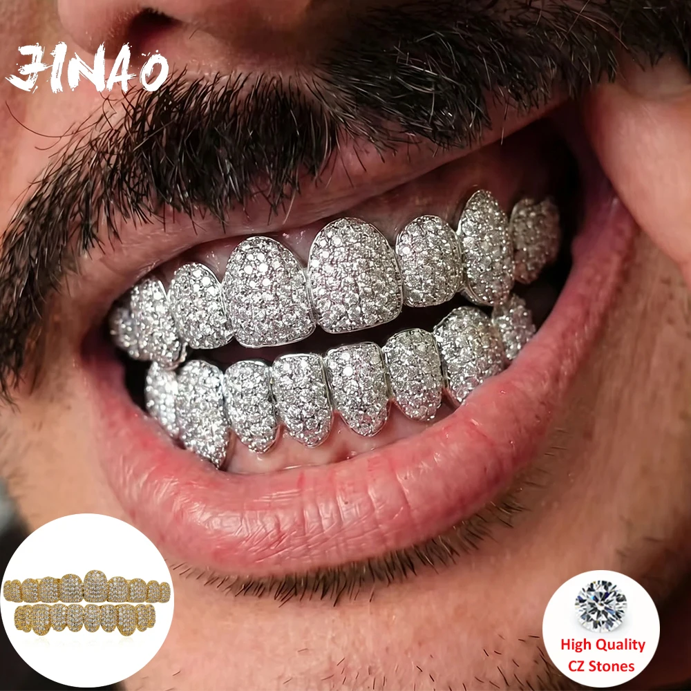 JINAO NUEVO Juego de 10 Dientes Grandes Totalmente Cubiertos de Piedras, Grillz Hip Hop para Hombre y Mujer, Grill Superior e Inferior, Estilo Punk Rapper, Llama Brillante, Regalo de Cosplay