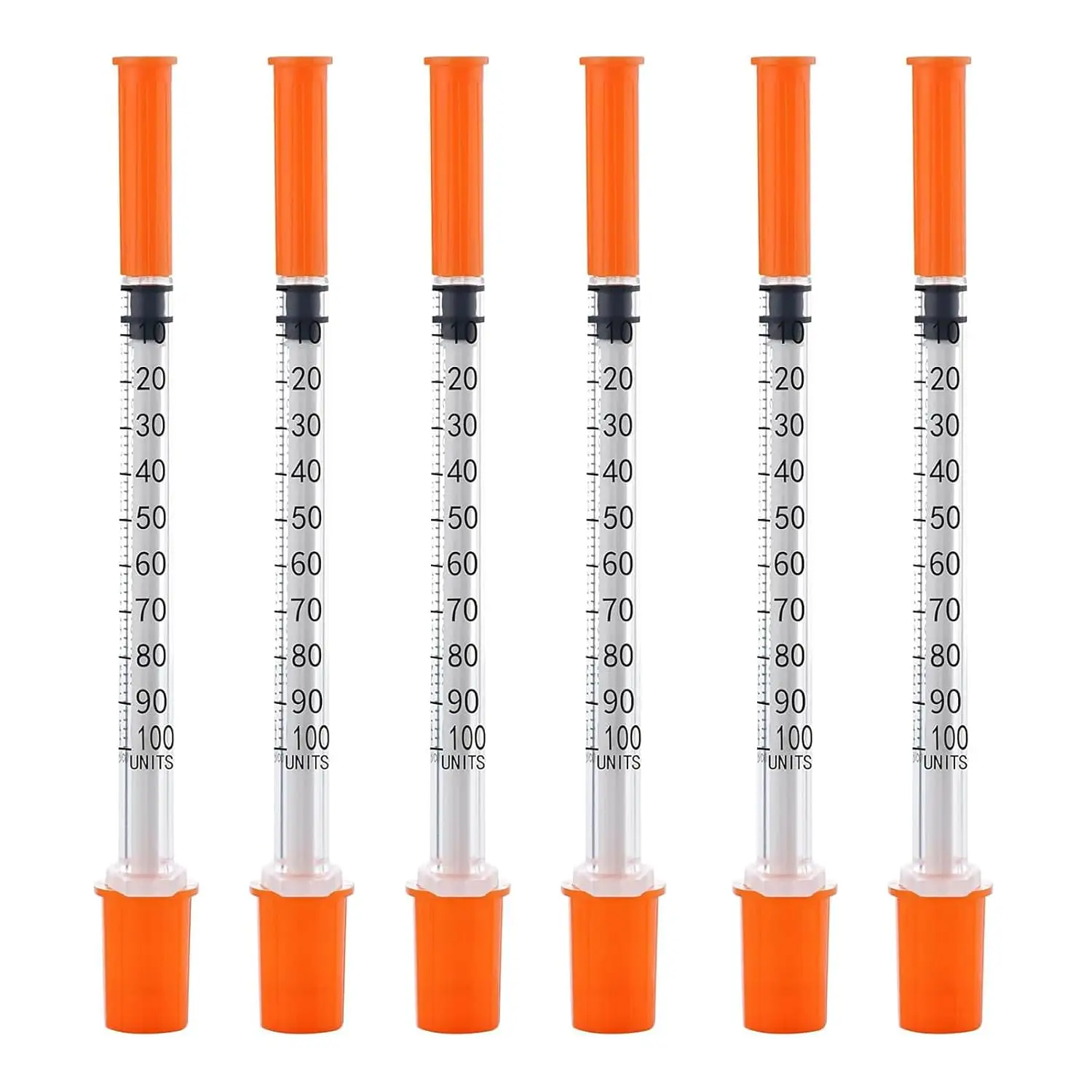 25/80 unidades de jeringa de insulina estéril desechable de 1 ml con aguja de 30/31G y tapa naranja, empaquetadas individualmente para mascotas y animales de granja