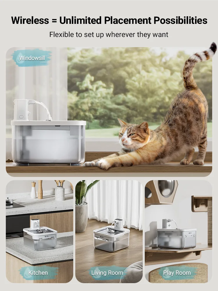 DownyPaws-fuente de agua automática de acero inoxidable para gatos, dispensador 2 en 1 de 2,5l, 4000mAh, inalámbrico, bebedero para mascotas, batería y Sensor