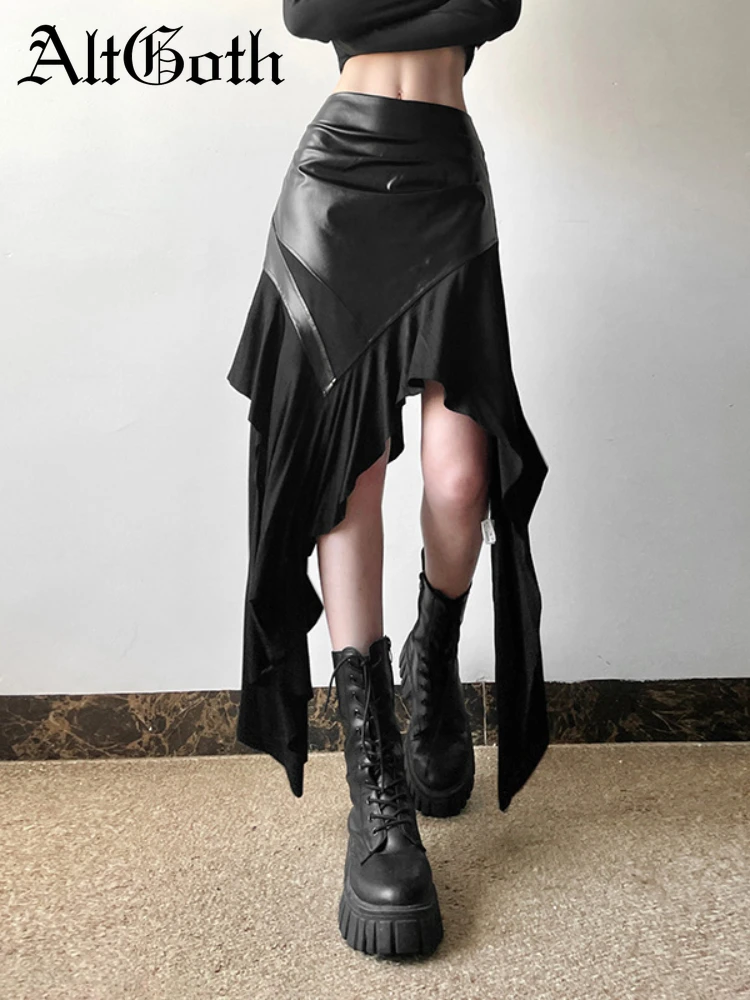 AltGoth-falda Harajuku Cyber Punk para mujer, ropa de calle gótica de Academia oscura, nueva moda Y2k, falda Irregular de cintura alta de retazos de Pu