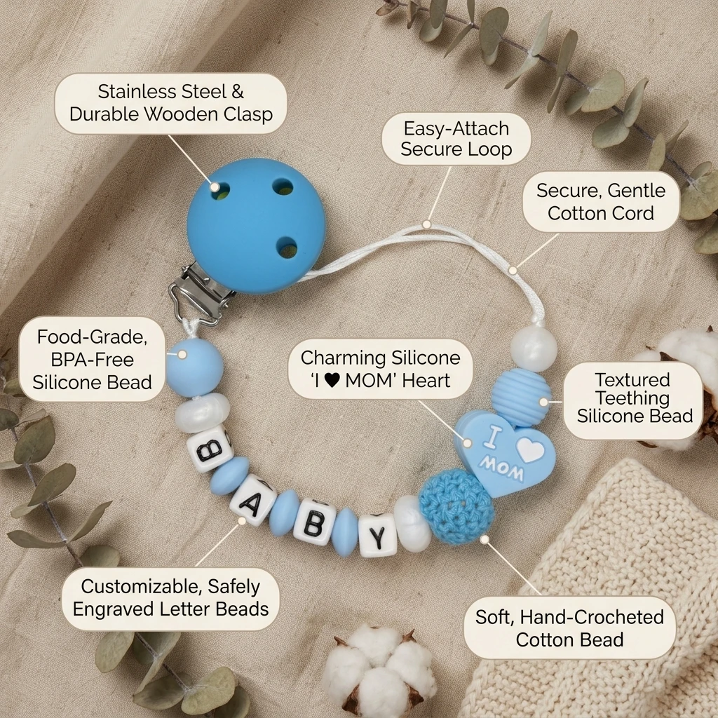 Soporte de silicona personalizado para mordedor de bebé, clip para chupete con nombre personalizado, cadena para chupete azul sin BPA, regalo para baby shower 'I Love Mom'