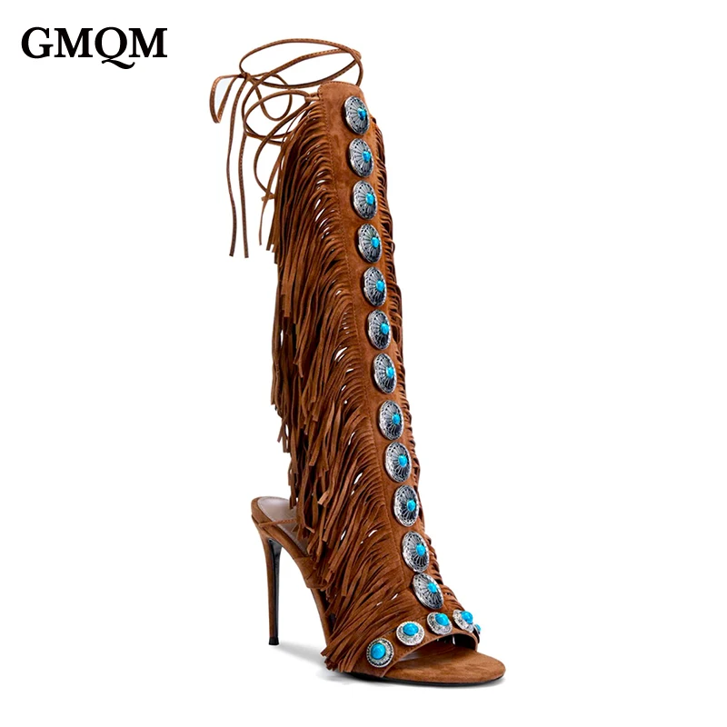 GMQM 2025 nuevo Festival de verano botas hasta la rodilla para mujer sandalias con tiras y flecos punta abierta con cordones borlas tacón alto para zapatos elegantes