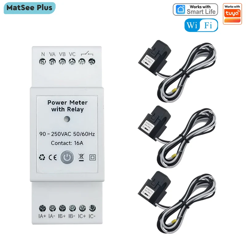 Monitor de Energía Trifásico WiFi Smart Life con Pinza Amperimétrica de 80A, Monitoreo Bidireccional por Aplicación, Consumo de Energía y Estadísticas de Electricidad