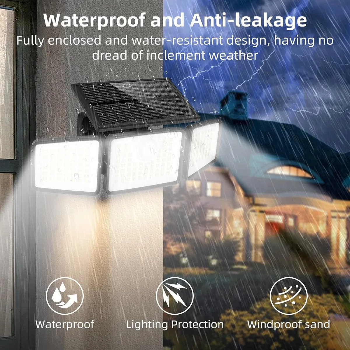 Aplique de pared LED solar | Iluminación exterior de tres cabezales |   IP55 |   Energía solar con sensor de movimiento |   Materiales duraderos ABS y PC | Ideal