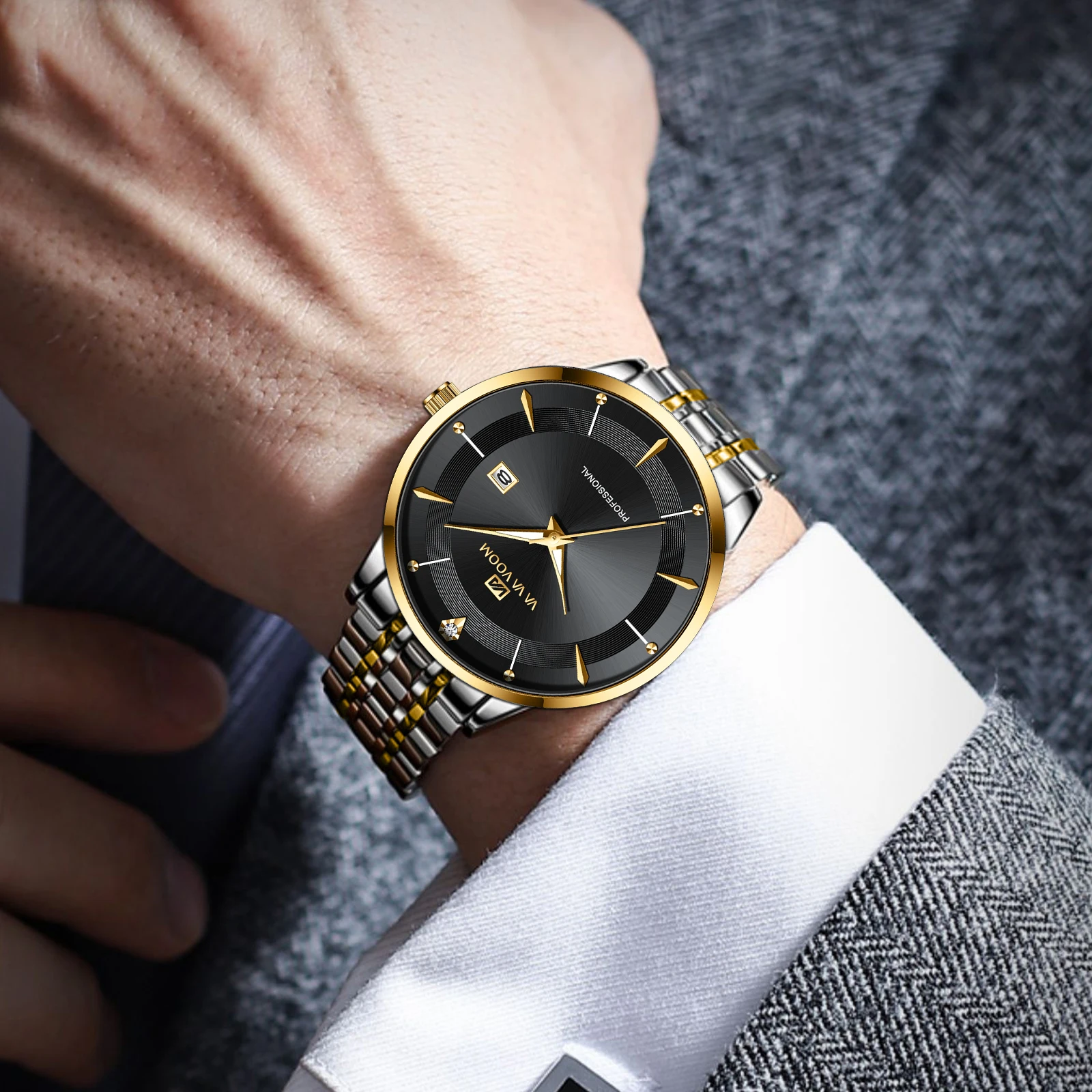 Reloj para hombre con caja de 43mm, estilo de acero inoxidable, diamantes de imitación de lujo, resistente al agua hasta 3bar, movimiento de cuarzo, relojes de negocios, relojes masculinos