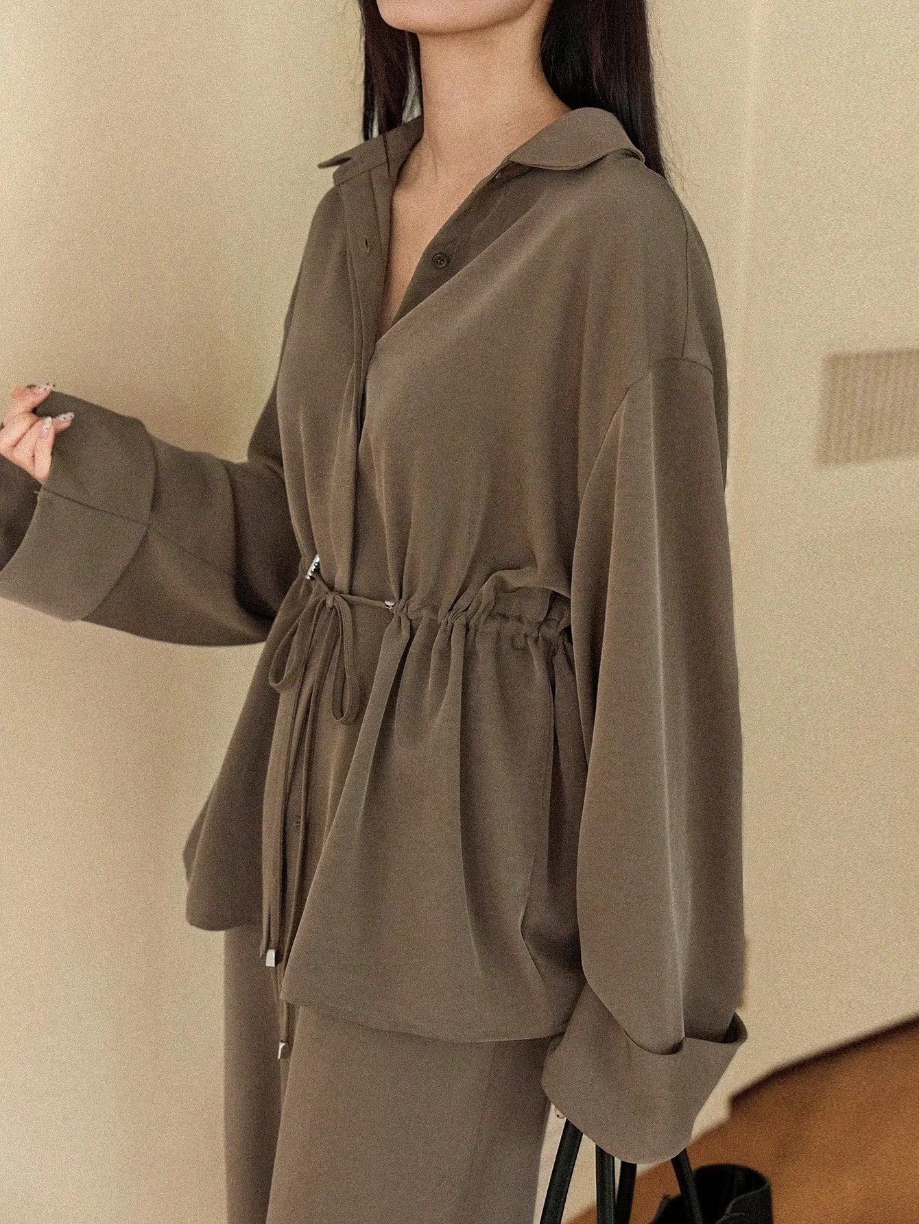 Conjunto de dos piezas elegante para mujer, camisa de manga larga con cordón en la cintura + pantalones de pierna ancha, ropa informal holgada para oficina