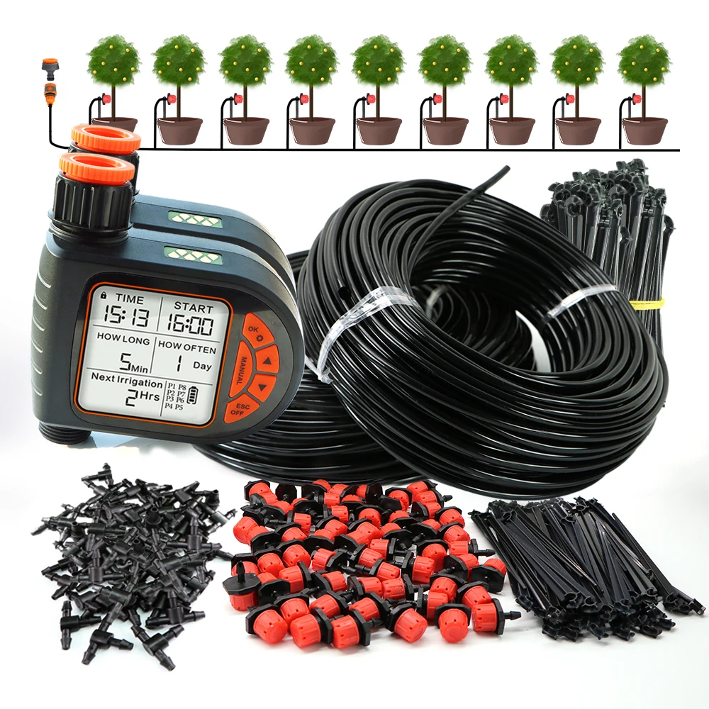 Kit de riego por goteo con temporizador y Sensor de lluvia inteligente para jardín de 5-50M para plantas al aire libre, sistema de riego automático con gotero ajustable de 1/4"