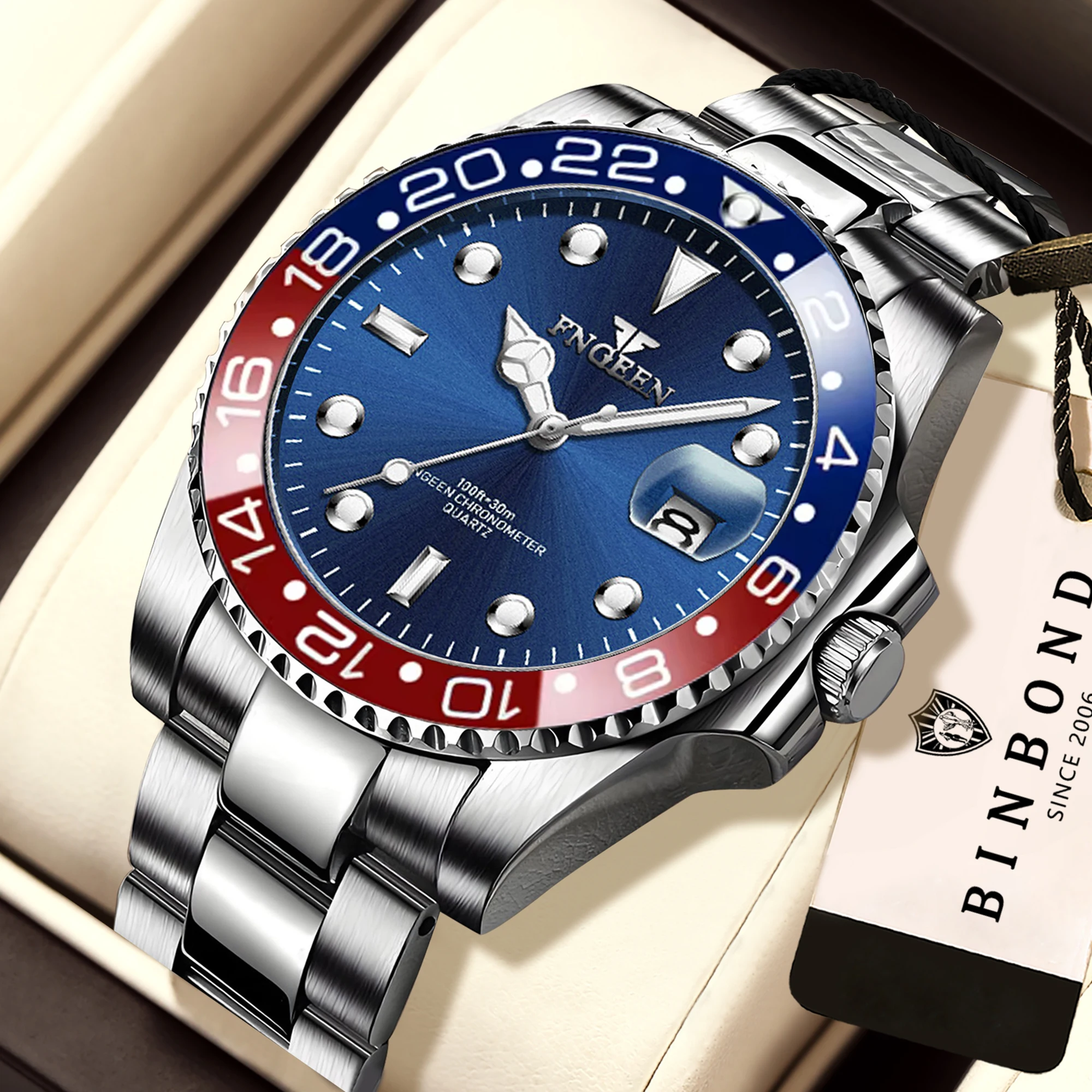 Relojes de pulsera de cuarzo con correa de acero inoxidable de la marca FNGEEN Son de BINBOND para hombre, reloj luminoso impermeable para hombre, reloj de lujo.