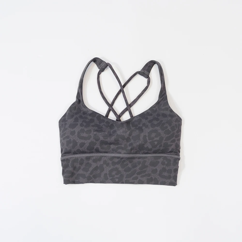 Sujetador deportivo con estampado de leopardo, chaleco de yoga europeo y americano, sujetador fijo con sensación desnuda, fitness que absorbe los golpes y parte de atrás bonita