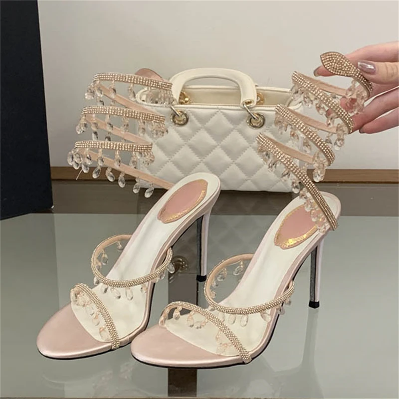 Eilyken, nuevo diseño, sandalias de tacón alto fino con diamantes de cristal para mujer, zapatos de estilo callejero con correa en el tobillo para banquete y baile de graduación