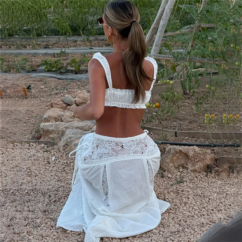Conjuntos a juego para mujer Suninheart, conjunto de top corto con cuello cuadrado de encaje vintage Y2k blanco y falda larga, vestido de vacaciones, ropa de playa estilo bohemio