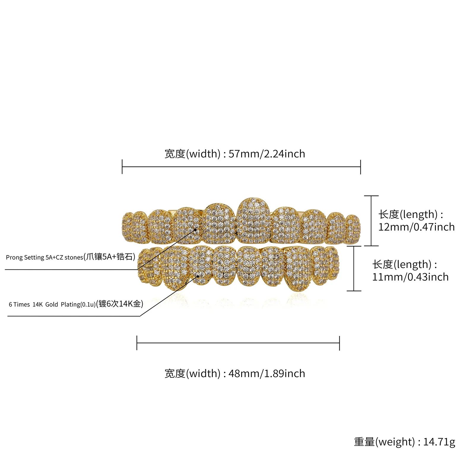 JINAO NUEVO Juego de 10 Dientes Grandes Totalmente Cubiertos de Piedras, Grillz Hip Hop para Hombre y Mujer, Grill Superior e Inferior, Estilo Punk Rapper, Llama Brillante, Regalo de Cosplay