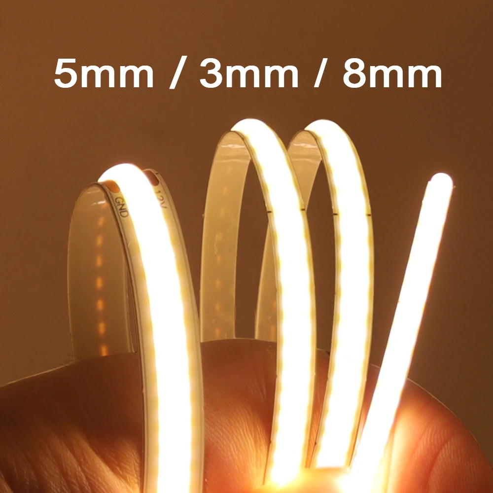 Tira de luces LED COB 5V 12V 24V 320 480 384 528 LED cinta Flexible 5mm 3mm 8mm PCB blanco Natural cálido luces lineales de alta densidad